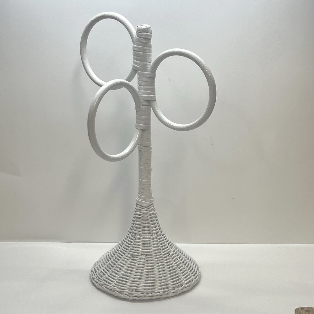 vintage white wicker 3 ring towel rack holder counter top cottage core 16 inches